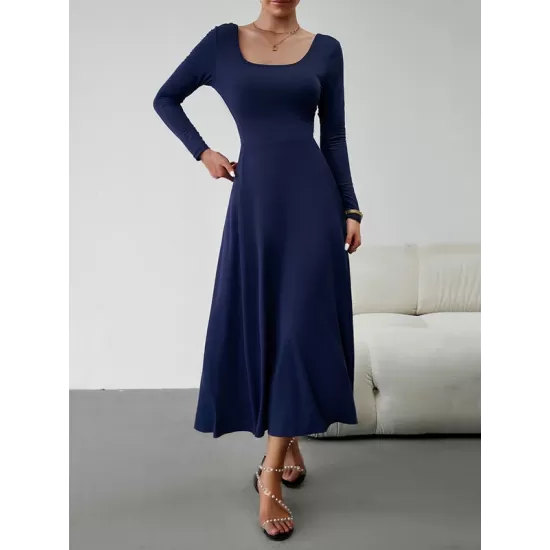 Solid Color Tied Waist A-Line High Waisted U-Neck Midi Dresses Solid Color Tied Waist A-Line High Waisted U-Neck Midi Dresses