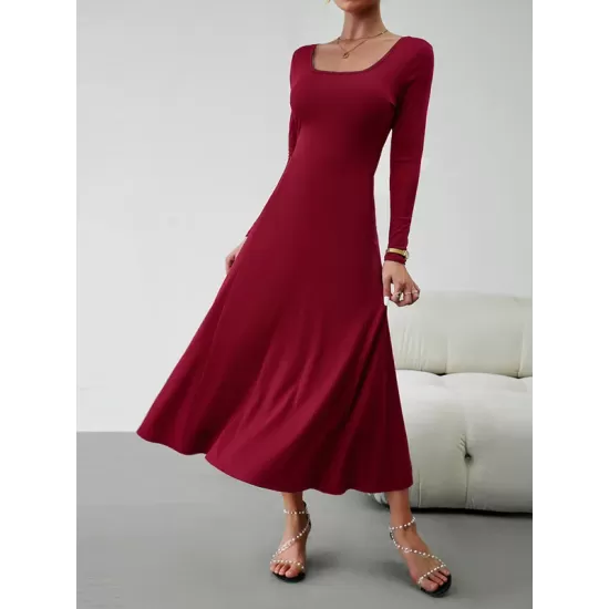 Solid Color Tied Waist A-Line High Waisted U-Neck Midi Dresses Solid Color Tied Waist A-Line High Waisted U-Neck Midi Dresses