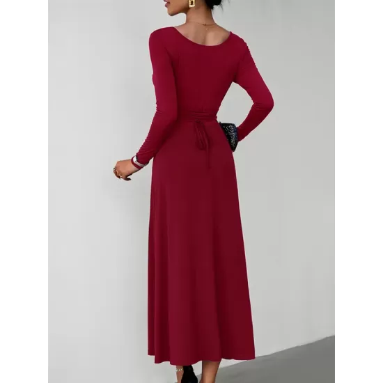 Solid Color Tied Waist A-Line High Waisted U-Neck Midi Dresses Solid Color Tied Waist A-Line High Waisted U-Neck Midi Dresses