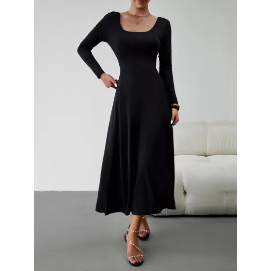 Solid Color Tied Waist A-Line High Waisted U-Neck Midi Dresses Solid Color Tied Waist A-Line High Waisted U-Neck Midi Dresses