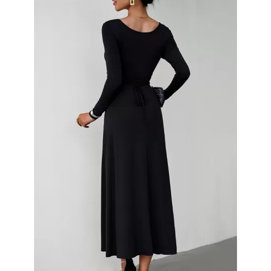 Solid Color Tied Waist A-Line High Waisted U-Neck Midi Dresses Solid Color Tied Waist A-Line High Waisted U-Neck Midi Dresses