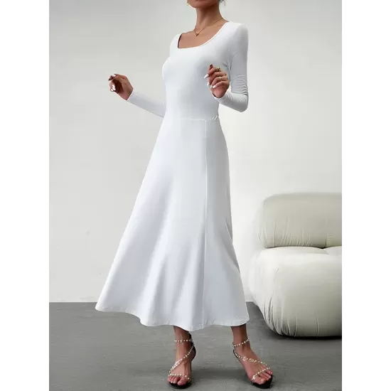 Solid Color Tied Waist A-Line High Waisted U-Neck Midi Dresses Solid Color Tied Waist A-Line High Waisted U-Neck Midi Dresses