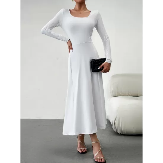 Solid Color Tied Waist A-Line High Waisted U-Neck Midi Dresses Solid Color Tied Waist A-Line High Waisted U-Neck Midi Dresses