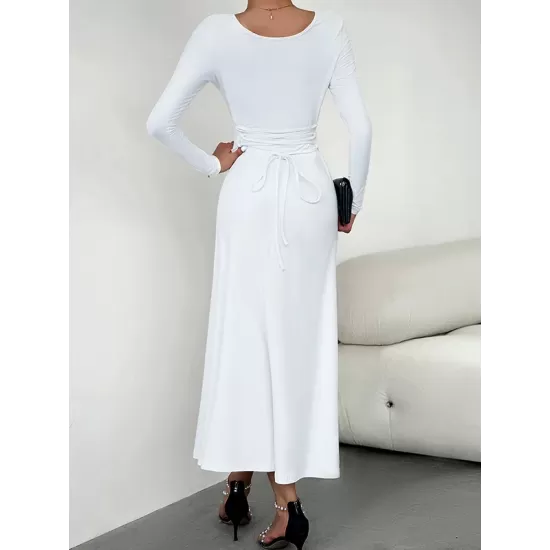 Solid Color Tied Waist A-Line High Waisted U-Neck Midi Dresses Solid Color Tied Waist A-Line High Waisted U-Neck Midi Dresses