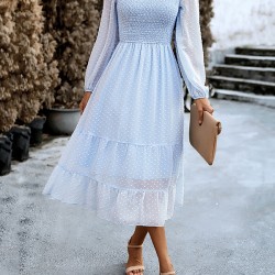 Elasticity Jacquard Solid Color Split-Joint A-Line Bishop Sleeve Round-Neck Midi Dresses