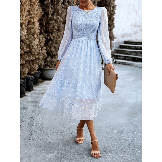 Elasticity Jacquard Solid Color Split-Joint A-Line Bishop Sleeve Round-Neck Midi Dresses Elasticity Jacquard Solid Color Split-Joint A-Line Bishop Sleeve Round-Neck Midi Dresses