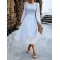 Elasticity Jacquard Solid Color Split-Joint A-Line Bishop Sleeve Round-Neck Midi Dresses