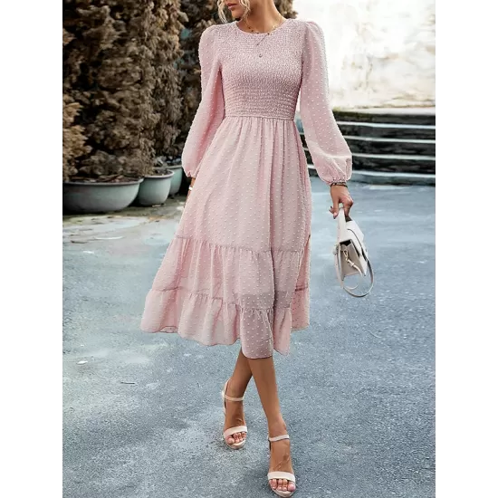 Elasticity Jacquard Solid Color Split-Joint A-Line Bishop Sleeve Round-Neck Midi Dresses Elasticity Jacquard Solid Color Split-Joint A-Line Bishop Sleeve Round-Neck Midi Dresses