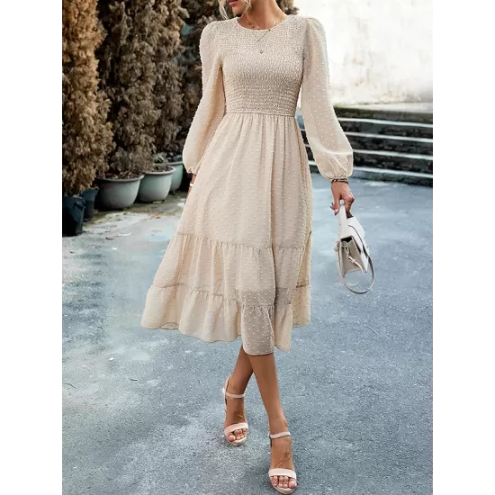 Elasticity Jacquard Solid Color Split-Joint A-Line Bishop Sleeve Round-Neck Midi Dresses Elasticity Jacquard Solid Color Split-Joint A-Line Bishop Sleeve Round-Neck Midi Dresses
