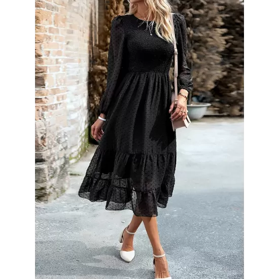 Elasticity Jacquard Solid Color Split-Joint A-Line Bishop Sleeve Round-Neck Midi Dresses Elasticity Jacquard Solid Color Split-Joint A-Line Bishop Sleeve Round-Neck Midi Dresses