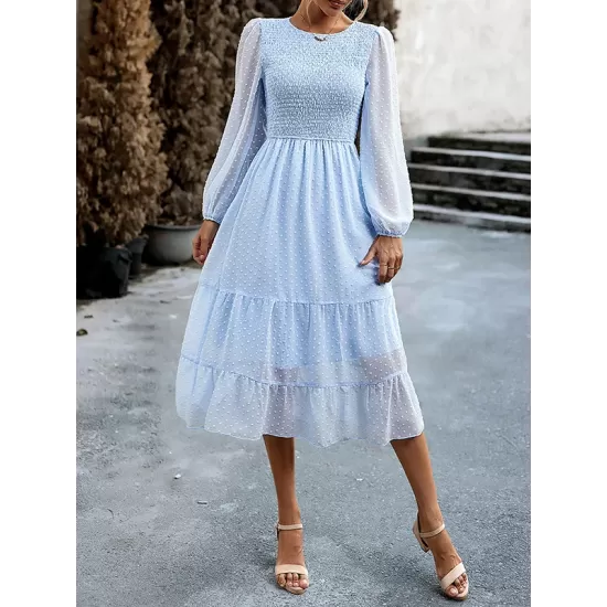 Elasticity Jacquard Solid Color Split-Joint A-Line Bishop Sleeve Round-Neck Midi Dresses Elasticity Jacquard Solid Color Split-Joint A-Line Bishop Sleeve Round-Neck Midi Dresses
