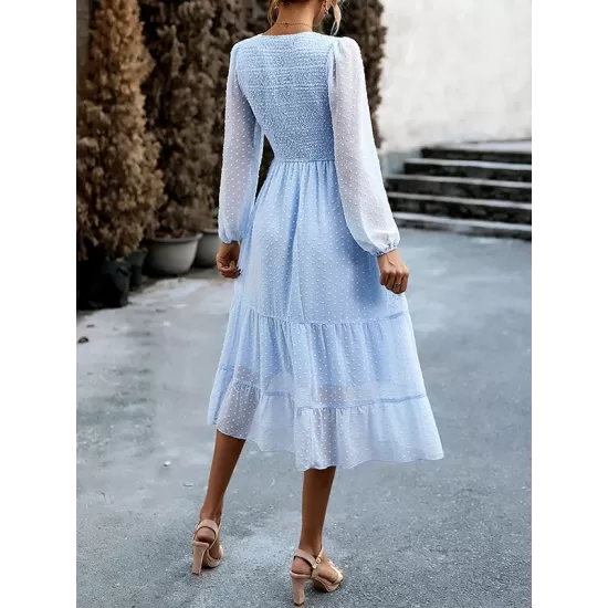 Elasticity Jacquard Solid Color Split-Joint A-Line Bishop Sleeve Round-Neck Midi Dresses Elasticity Jacquard Solid Color Split-Joint A-Line Bishop Sleeve Round-Neck Midi Dresses