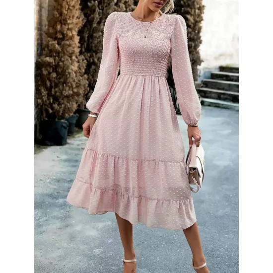 Elasticity Jacquard Solid Color Split-Joint A-Line Bishop Sleeve Round-Neck Midi Dresses Elasticity Jacquard Solid Color Split-Joint A-Line Bishop Sleeve Round-Neck Midi Dresses