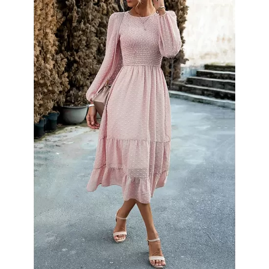 Elasticity Jacquard Solid Color Split-Joint A-Line Bishop Sleeve Round-Neck Midi Dresses Elasticity Jacquard Solid Color Split-Joint A-Line Bishop Sleeve Round-Neck Midi Dresses