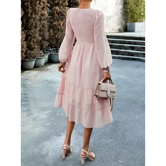 Elasticity Jacquard Solid Color Split-Joint A-Line Bishop Sleeve Round-Neck Midi Dresses Elasticity Jacquard Solid Color Split-Joint A-Line Bishop Sleeve Round-Neck Midi Dresses