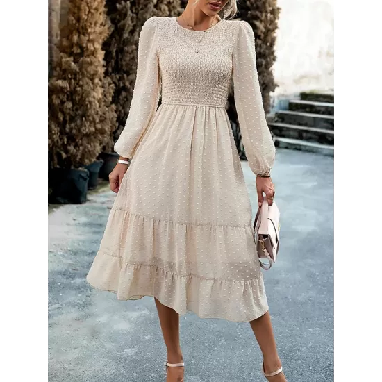 Elasticity Jacquard Solid Color Split-Joint A-Line Bishop Sleeve Round-Neck Midi Dresses Elasticity Jacquard Solid Color Split-Joint A-Line Bishop Sleeve Round-Neck Midi Dresses