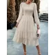 Elasticity Jacquard Solid Color Split-Joint A-Line Bishop Sleeve Round-Neck Midi Dresses Elasticity Jacquard Solid Color Split-Joint A-Line Bishop Sleeve Round-Neck Midi Dresses