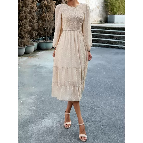 Elasticity Jacquard Solid Color Split-Joint A-Line Bishop Sleeve Round-Neck Midi Dresses Elasticity Jacquard Solid Color Split-Joint A-Line Bishop Sleeve Round-Neck Midi Dresses