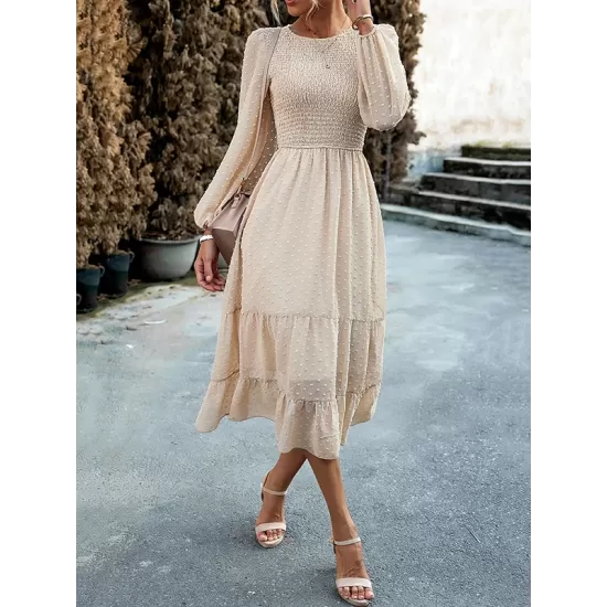 Elasticity Jacquard Solid Color Split-Joint A-Line Bishop Sleeve Round-Neck Midi Dresses Elasticity Jacquard Solid Color Split-Joint A-Line Bishop Sleeve Round-Neck Midi Dresses
