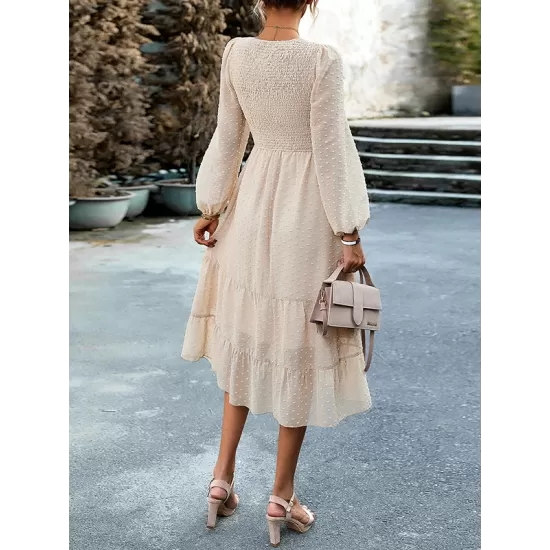 Elasticity Jacquard Solid Color Split-Joint A-Line Bishop Sleeve Round-Neck Midi Dresses Elasticity Jacquard Solid Color Split-Joint A-Line Bishop Sleeve Round-Neck Midi Dresses