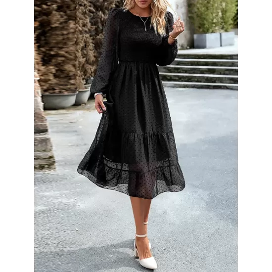 Elasticity Jacquard Solid Color Split-Joint A-Line Bishop Sleeve Round-Neck Midi Dresses Elasticity Jacquard Solid Color Split-Joint A-Line Bishop Sleeve Round-Neck Midi Dresses