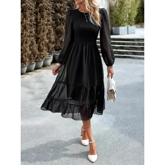 Elasticity Jacquard Solid Color Split-Joint A-Line Bishop Sleeve Round-Neck Midi Dresses Elasticity Jacquard Solid Color Split-Joint A-Line Bishop Sleeve Round-Neck Midi Dresses