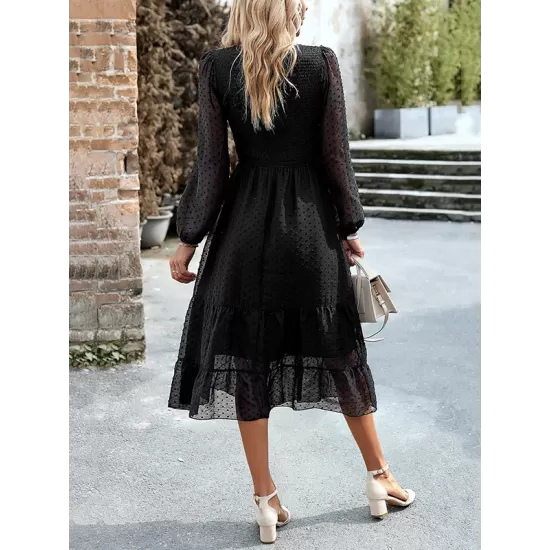 Elasticity Jacquard Solid Color Split-Joint A-Line Bishop Sleeve Round-Neck Midi Dresses Elasticity Jacquard Solid Color Split-Joint A-Line Bishop Sleeve Round-Neck Midi Dresses