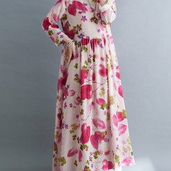 Flower Print Split-Joint Long Sleeves Loose Round-Neck Midi Dresses