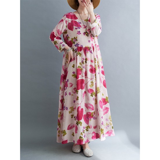 Flower Print Split-Joint Long Sleeves Loose Round-Neck Midi Dresses Flower Print Split-Joint Long Sleeves Loose Round-Neck Midi Dresses