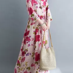 Flower Print Split-Joint Long Sleeves Loose Round-Neck Midi Dresses