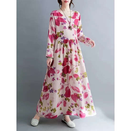 Flower Print Split-Joint Long Sleeves Loose Round-Neck Midi Dresses Flower Print Split-Joint Long Sleeves Loose Round-Neck Midi Dresses
