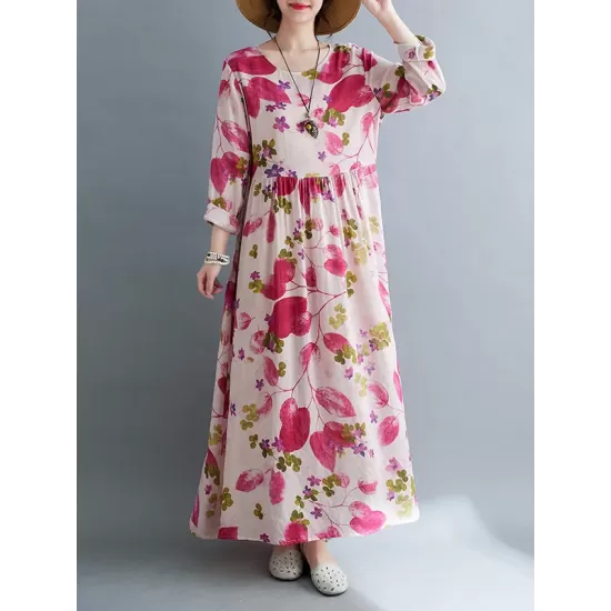 Flower Print Split-Joint Long Sleeves Loose Round-Neck Midi Dresses Flower Print Split-Joint Long Sleeves Loose Round-Neck Midi Dresses