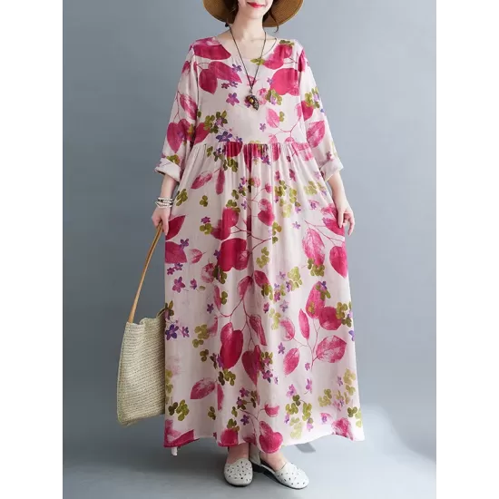 Flower Print Split-Joint Long Sleeves Loose Round-Neck Midi Dresses Flower Print Split-Joint Long Sleeves Loose Round-Neck Midi Dresses