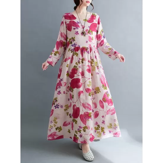 Flower Print Split-Joint Long Sleeves Loose Round-Neck Midi Dresses Flower Print Split-Joint Long Sleeves Loose Round-Neck Midi Dresses