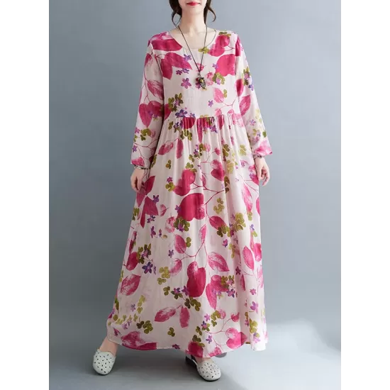 Flower Print Split-Joint Long Sleeves Loose Round-Neck Midi Dresses Flower Print Split-Joint Long Sleeves Loose Round-Neck Midi Dresses