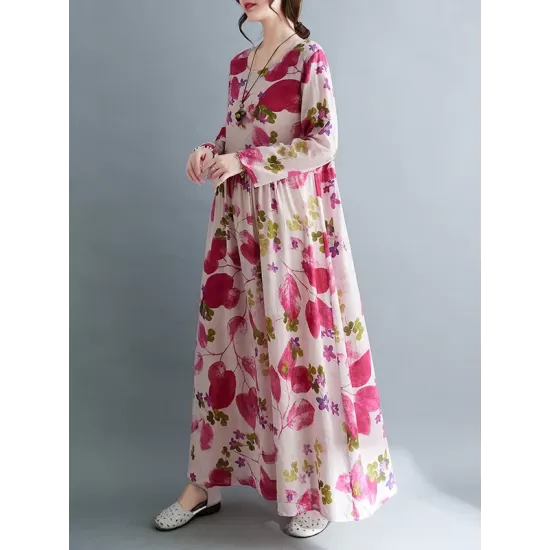 Flower Print Split-Joint Long Sleeves Loose Round-Neck Midi Dresses Flower Print Split-Joint Long Sleeves Loose Round-Neck Midi Dresses