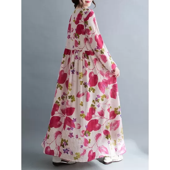 Flower Print Split-Joint Long Sleeves Loose Round-Neck Midi Dresses Flower Print Split-Joint Long Sleeves Loose Round-Neck Midi Dresses