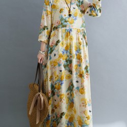 Flower Print Split-Joint Long Sleeves Loose Round-Neck Midi Dresses