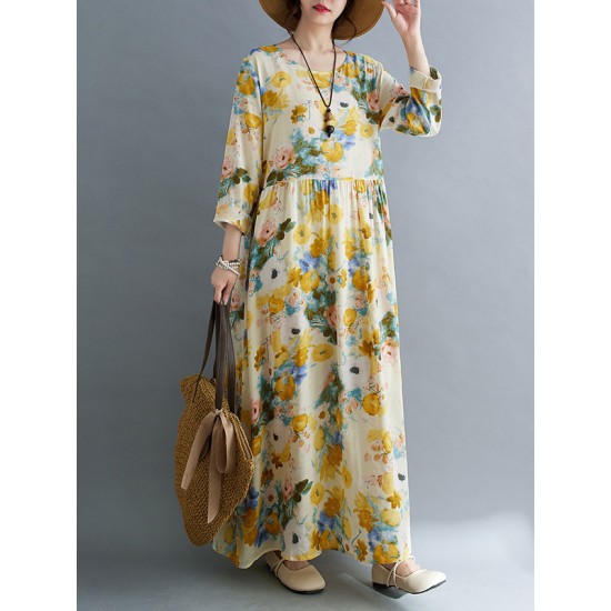Flower Print Split-Joint Long Sleeves Loose Round-Neck Midi Dresses Flower Print Split-Joint Long Sleeves Loose Round-Neck Midi Dresses