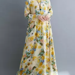 Flower Print Split-Joint Long Sleeves Loose Round-Neck Midi Dresses