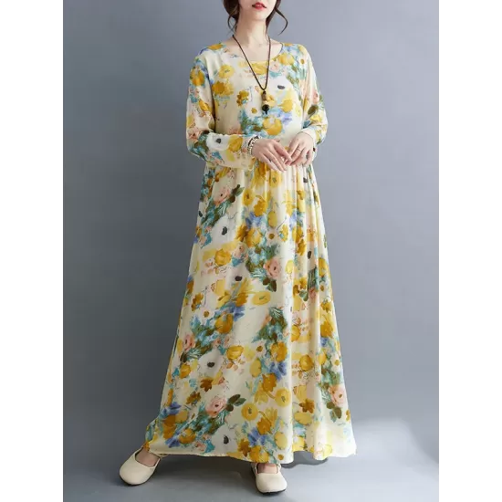Flower Print Split-Joint Long Sleeves Loose Round-Neck Midi Dresses Flower Print Split-Joint Long Sleeves Loose Round-Neck Midi Dresses