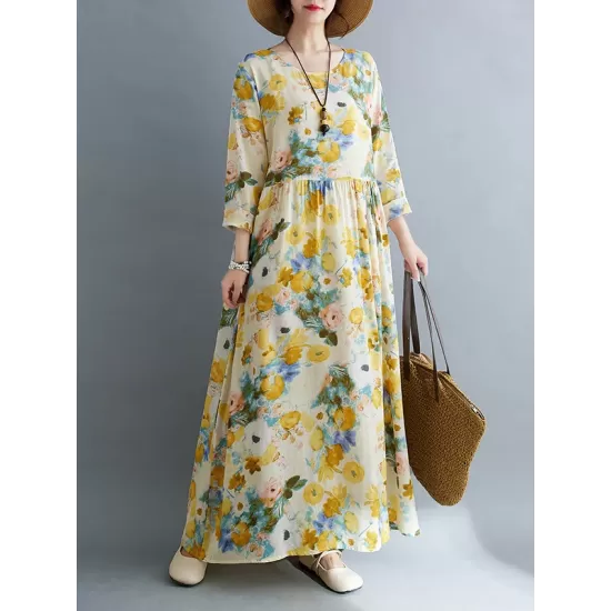 Flower Print Split-Joint Long Sleeves Loose Round-Neck Midi Dresses Flower Print Split-Joint Long Sleeves Loose Round-Neck Midi Dresses