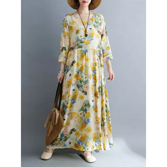 Flower Print Split-Joint Long Sleeves Loose Round-Neck Midi Dresses Flower Print Split-Joint Long Sleeves Loose Round-Neck Midi Dresses