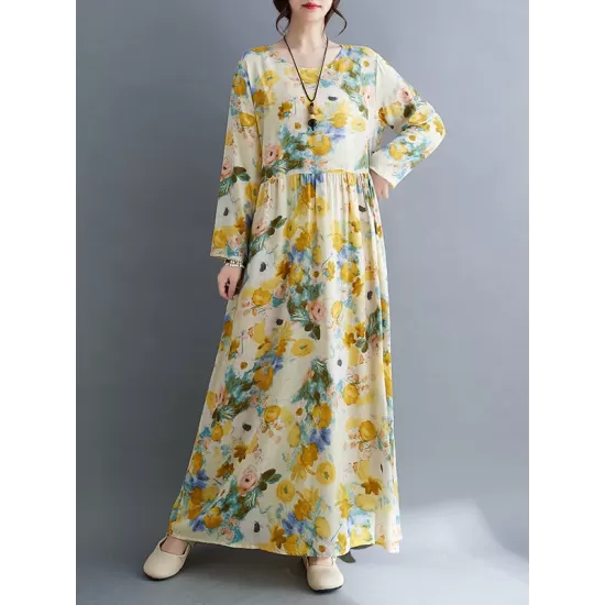 Flower Print Split-Joint Long Sleeves Loose Round-Neck Midi Dresses Flower Print Split-Joint Long Sleeves Loose Round-Neck Midi Dresses