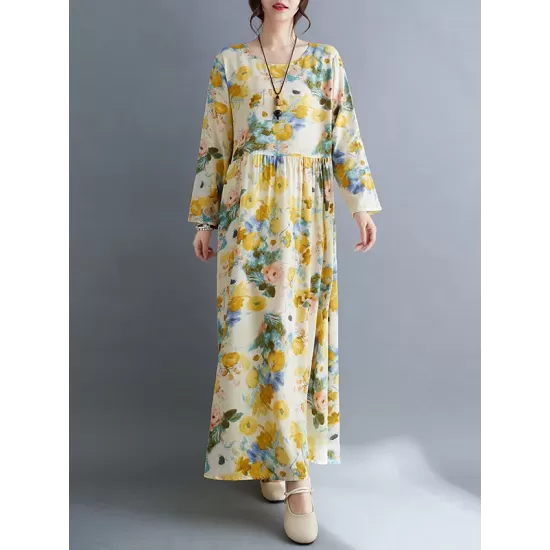 Flower Print Split-Joint Long Sleeves Loose Round-Neck Midi Dresses Flower Print Split-Joint Long Sleeves Loose Round-Neck Midi Dresses