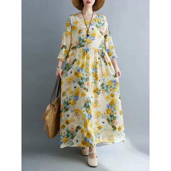 Flower Print Split-Joint Long Sleeves Loose Round-Neck Midi Dresses Flower Print Split-Joint Long Sleeves Loose Round-Neck Midi Dresses