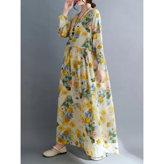 Flower Print Split-Joint Long Sleeves Loose Round-Neck Midi Dresses Flower Print Split-Joint Long Sleeves Loose Round-Neck Midi Dresses