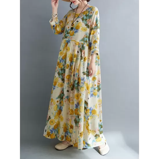 Flower Print Split-Joint Long Sleeves Loose Round-Neck Midi Dresses Flower Print Split-Joint Long Sleeves Loose Round-Neck Midi Dresses