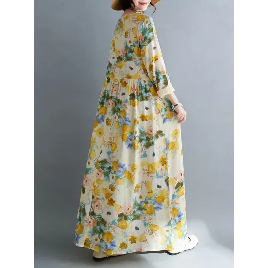 Flower Print Split-Joint Long Sleeves Loose Round-Neck Midi Dresses Flower Print Split-Joint Long Sleeves Loose Round-Neck Midi Dresses