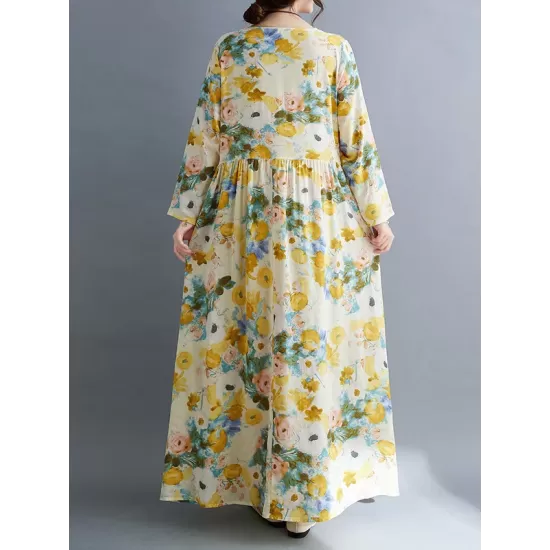 Flower Print Split-Joint Long Sleeves Loose Round-Neck Midi Dresses Flower Print Split-Joint Long Sleeves Loose Round-Neck Midi Dresses